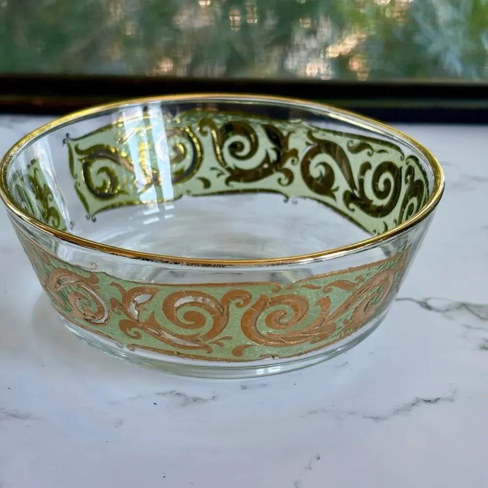MCM Culver Glass Bowl 22K Gold Scroll Green Band Vintage Dish